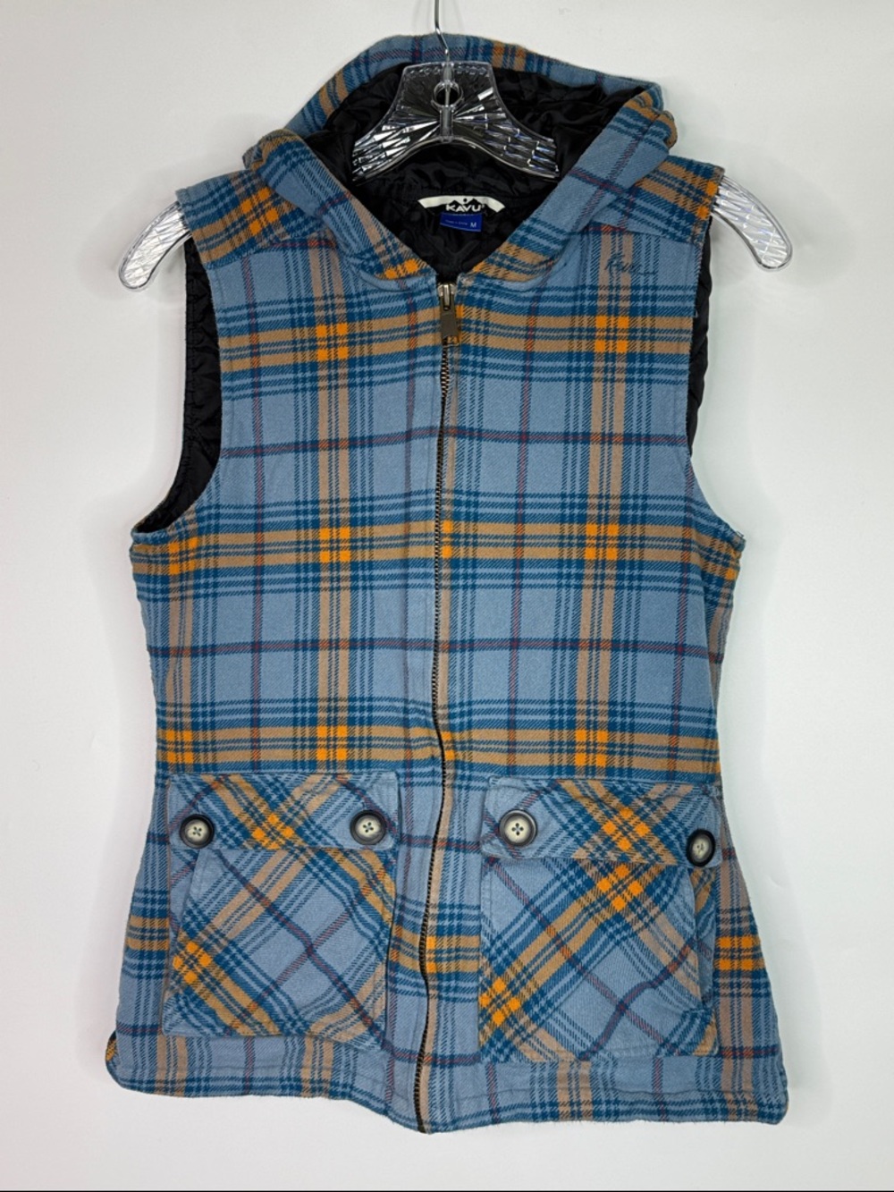 Kavu Blue Plaid Hooded Campout Vest Size Medium